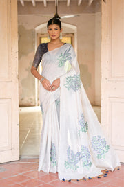 Ice White & Navy Muga Cotton Woven Saree
